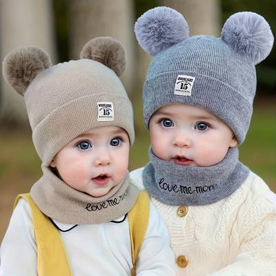Baby Winter Hat & Scarf Set - Warm Knit Beanie with Pom Pom & Number Embroidery Soft Ear Flap Cap for Boys Girls Outdoor