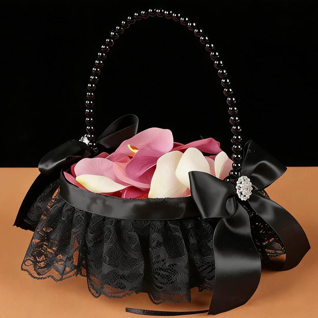 Black Flower Girl Basket Elegant Design Gothic Lace Wedding Lightweight