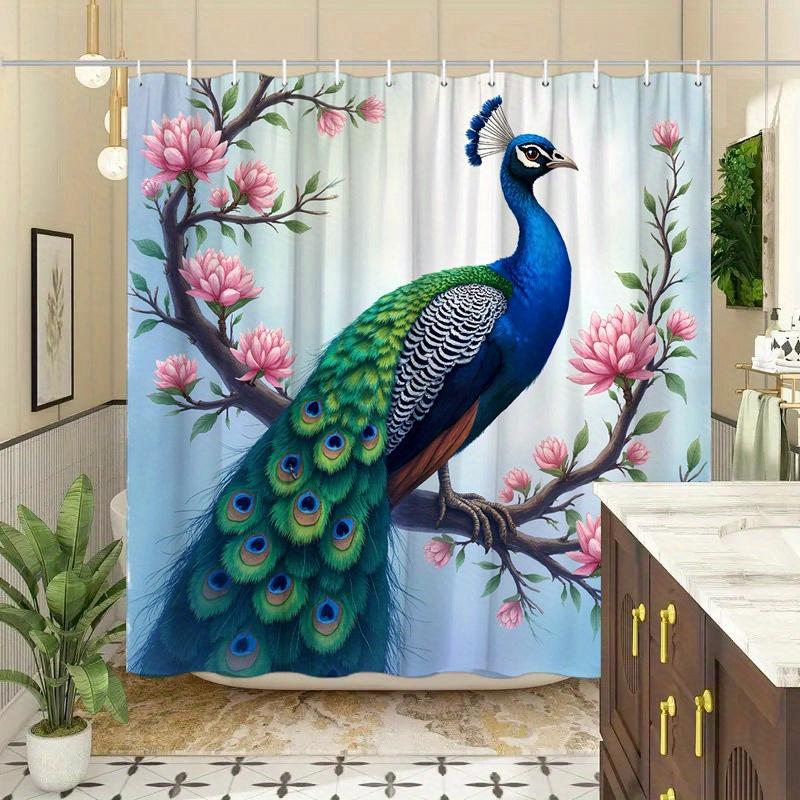 1pc Peacock Shower Curtain - Pink Blossoms, Blue-Green Feathers, Soft Gradient, 70.8x70.8", Polyester, Washable, 12 Hooks