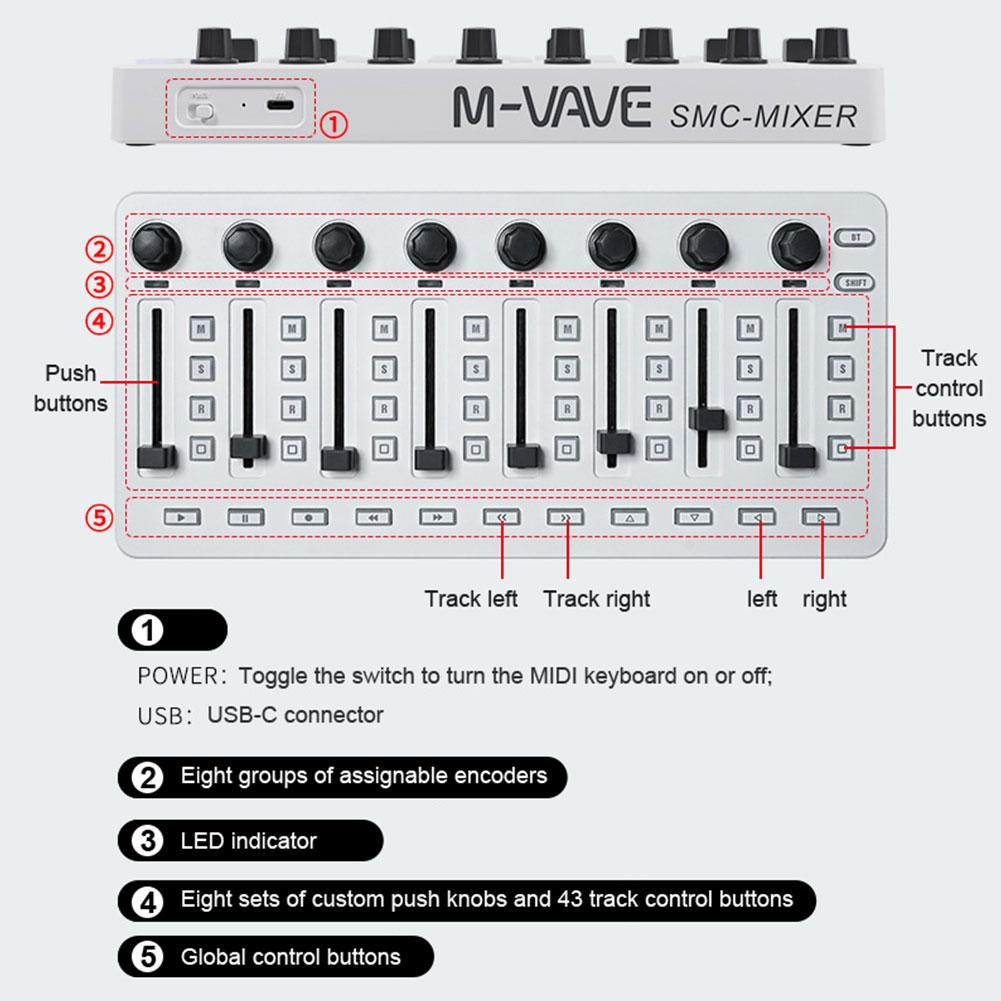 Wireless MIDI Controller BT Connection Mixing Console Wireless Controller W/ 8 Encoder Software Controls for Windows//Ios/Androi