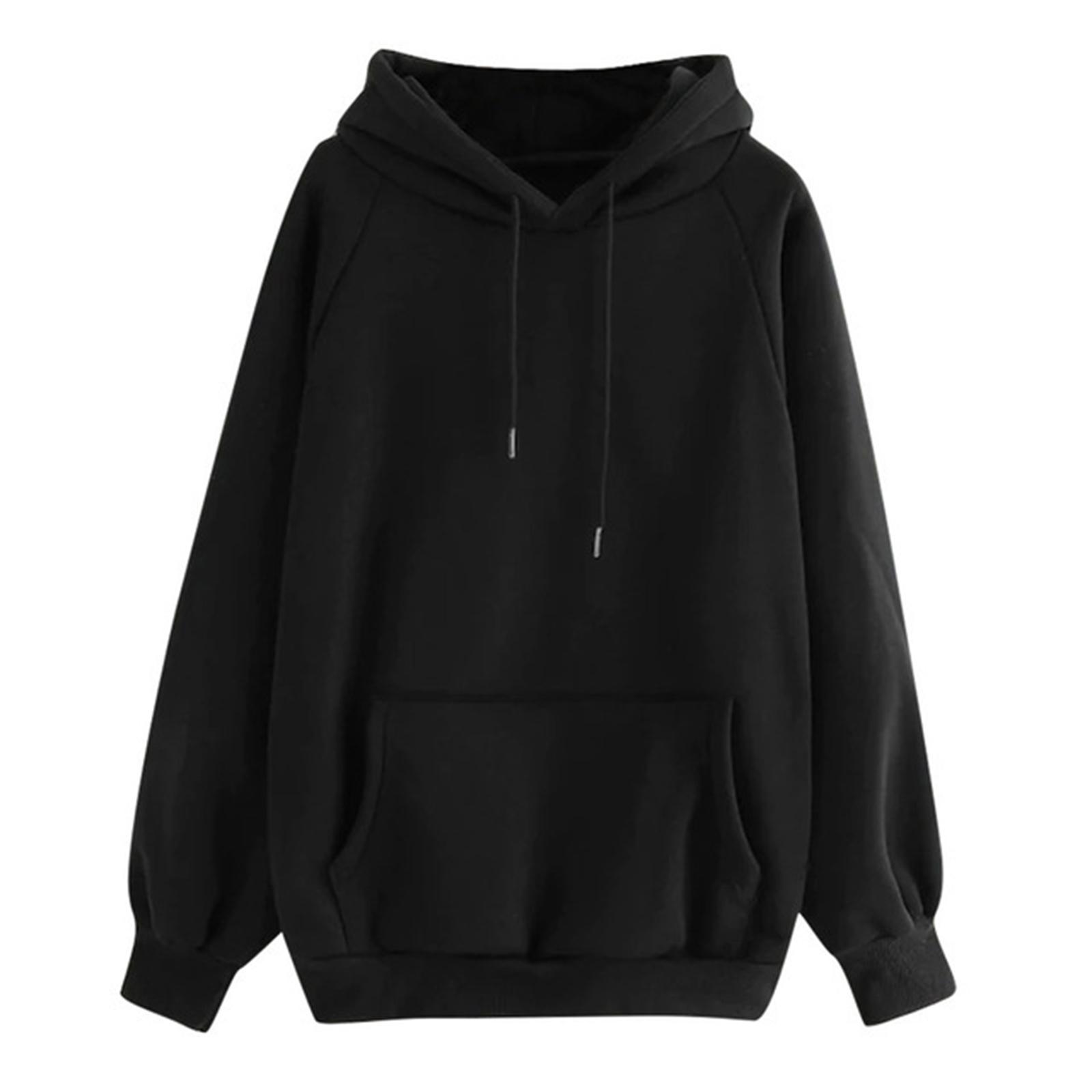 

Women s Fashion Casual Solid Color Hooded Loose Fleece-Lined Thick Long Sleeve Sweatshirt XL чёрный