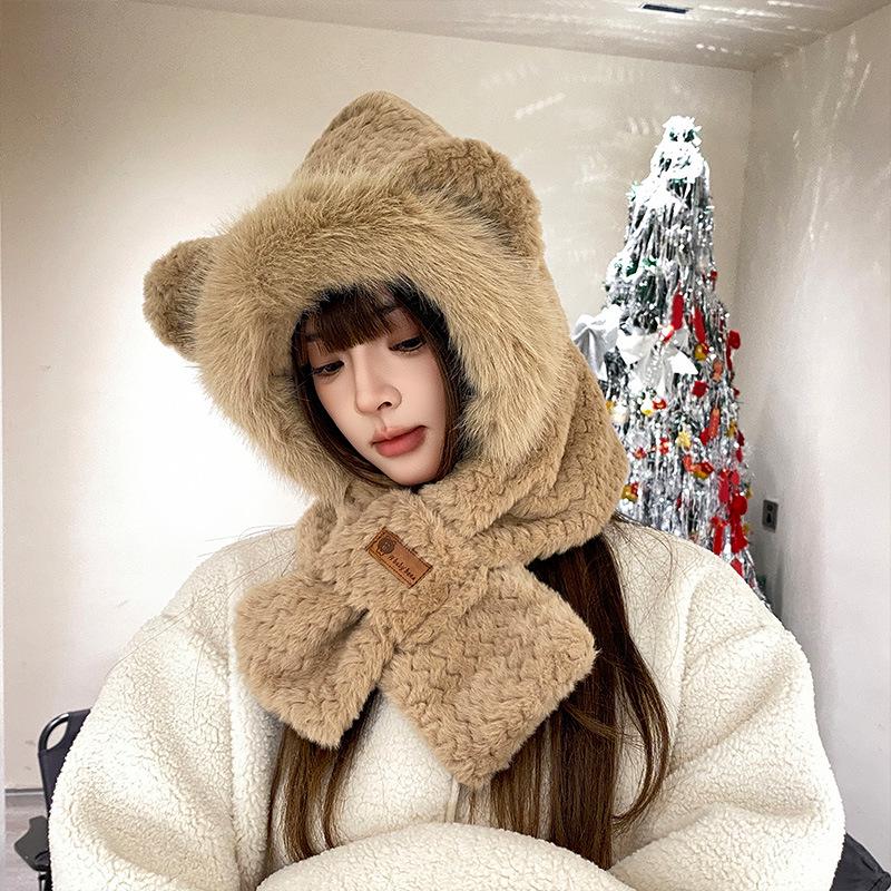Korean-Style Cute Bear Plush Hat & Scarf Set for Women - Cozy Autumn/Winter Wear