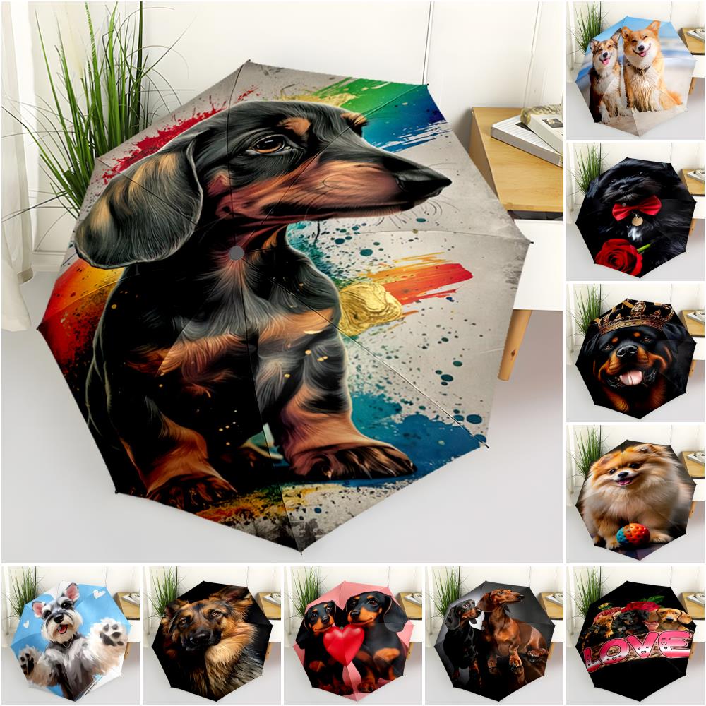 1pc Cute dog pattern Umbrella Portable Folding Umbrella Iron Frame Hole Bone Structure Outdoor Home Umbrella