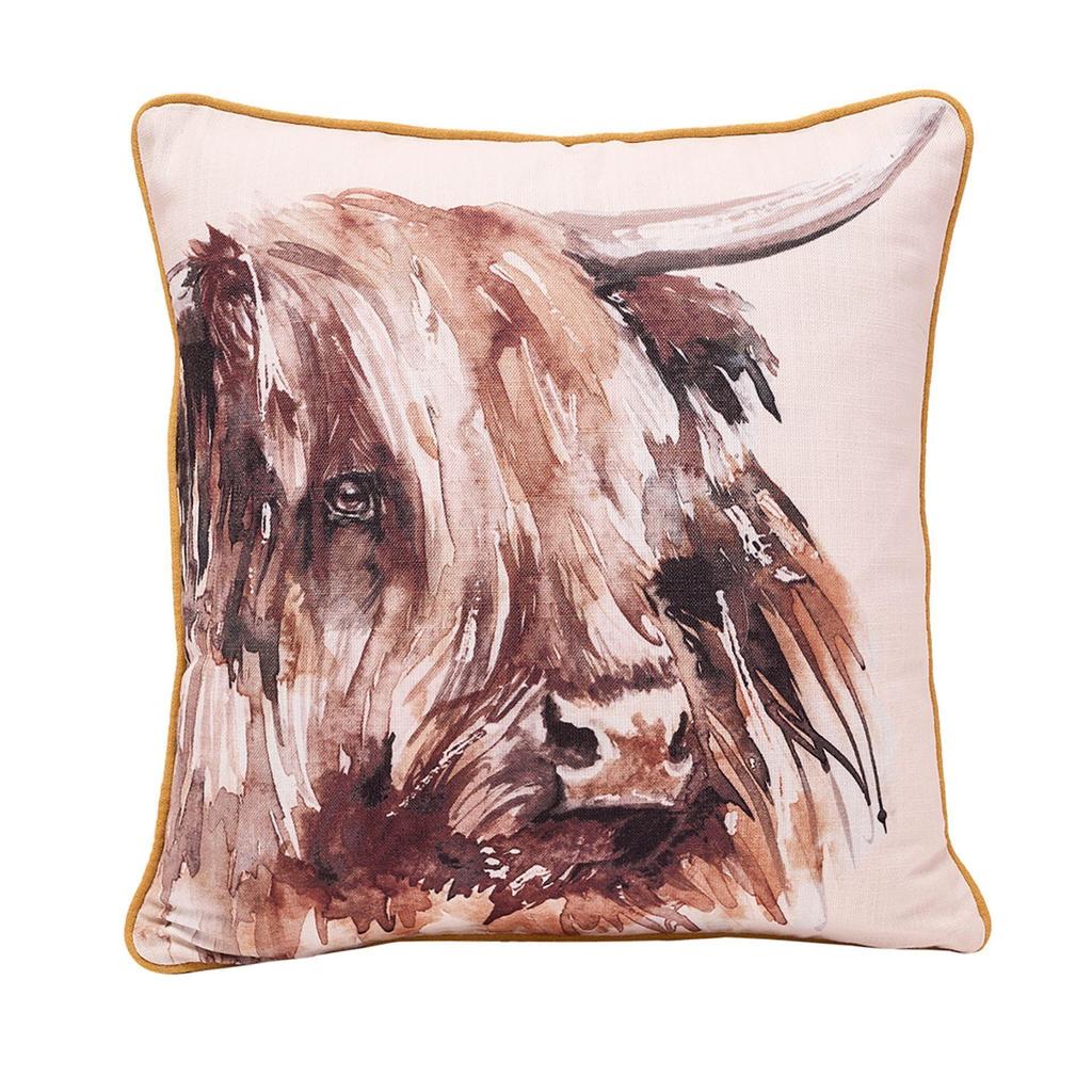 Meg Hawkins Square Cushion with Wooden Buttons - Highland Cow