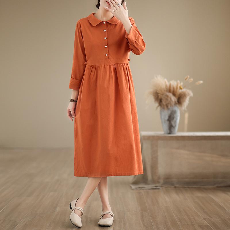2025 new 6-color 4-size linen dress women's pullover long-sleeved medium and long solid color cotton and linen dress