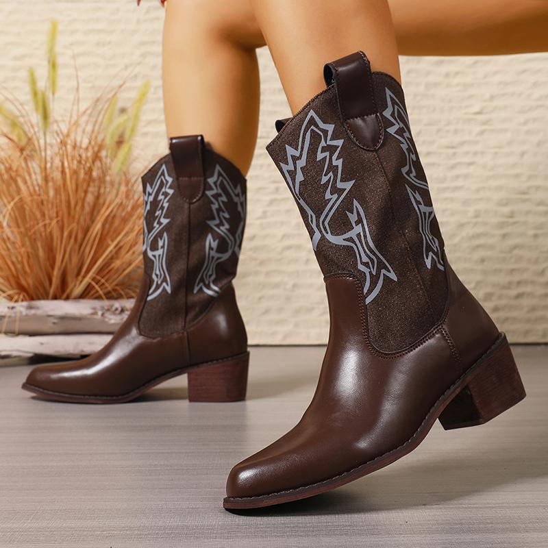 Women's Western Style Mid-Calf Boots Brown Retro Embroidered PU Leather Boots Woman Pointed Toe Chunky Heel Cowboy Botas Mujer
