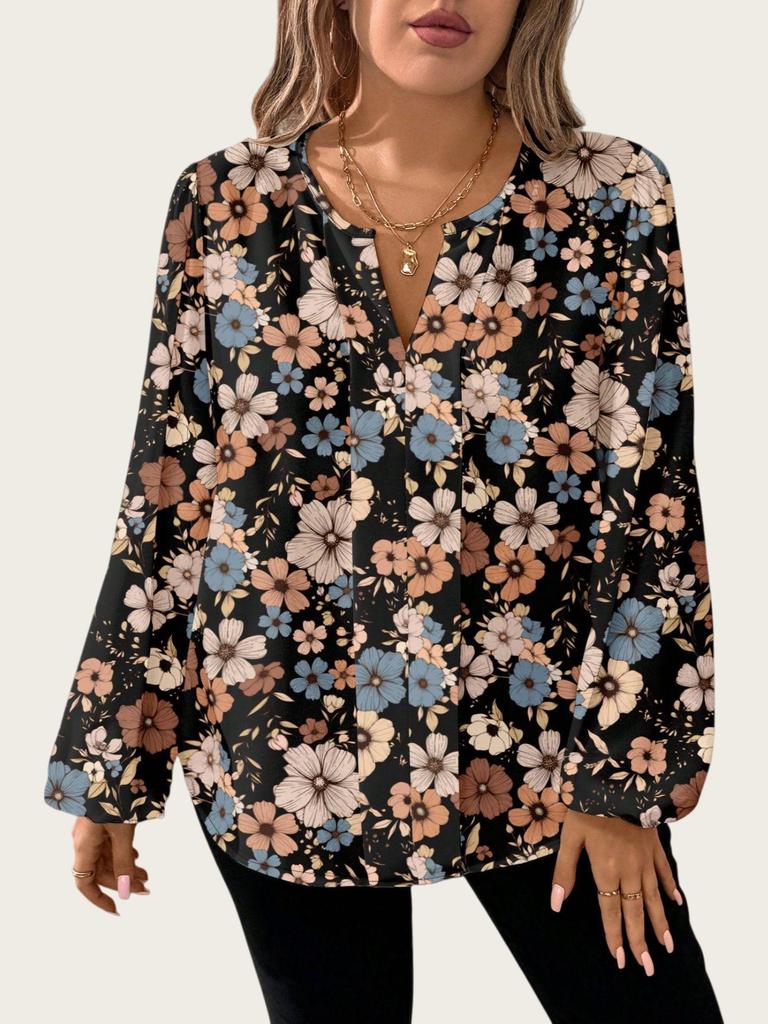 Plus Size Retro Floral V-neck Lantern Sleeve Chiffon Blouse