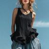 Women Tops Solid Color Loose Fit Breathable Casual Blouse O-Neck Sleeveless Ruffle Splicing Hem Summer Vest Daily Wear