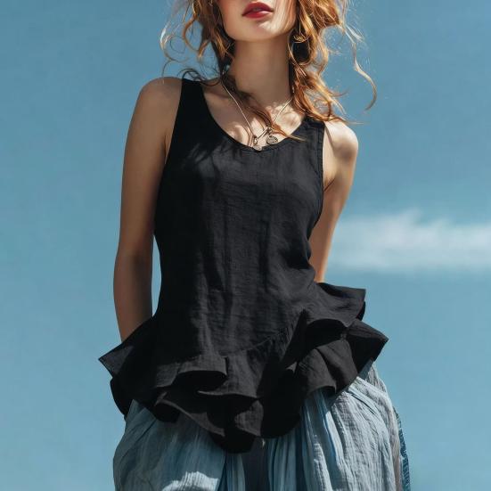 Women Tops Solid Color Loose Fit Breathable Casual Blouse O-Neck Sleeveless Ruffle Splicing Hem Summer Vest Daily Wear