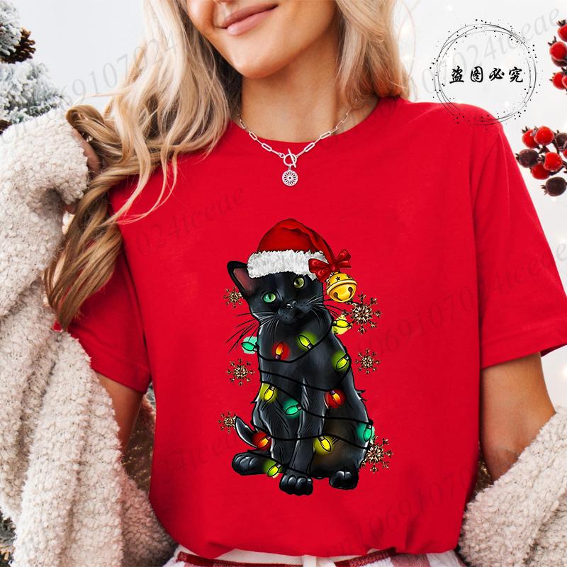 Funny Christmas Cat Women TShirt Xmas Cat Graphic TShirts Tops Short Sleeve Tees Casual Harajuku Street Tshirt Female Clothing
