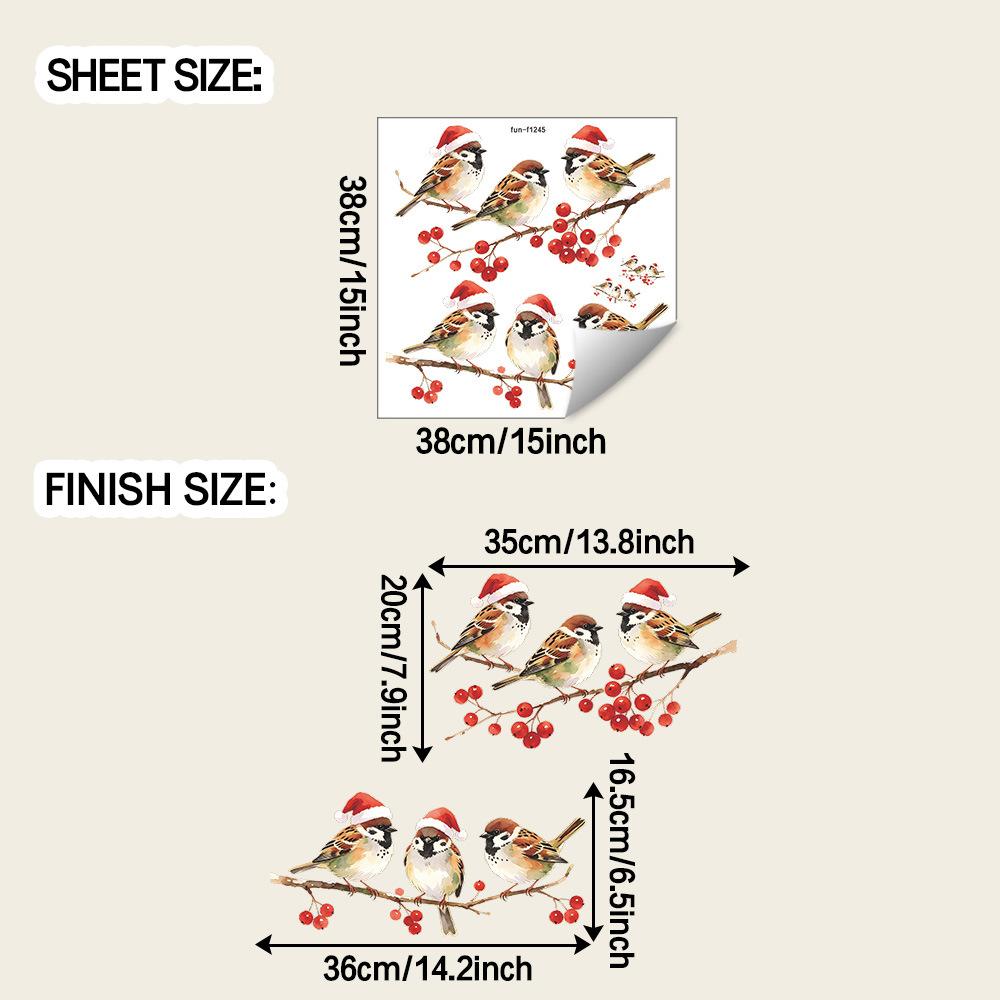 Christmas Red Fruit Branches, Christmas Hat Sparrows, Balcony, Glass Windows, Beautification, Decoration, Window Stickers