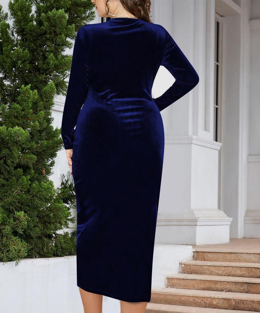 Plus Size Velvet Bodycon Dress - Long Sleeve, Pleated, Deep V Neck for Parties & Cocktails