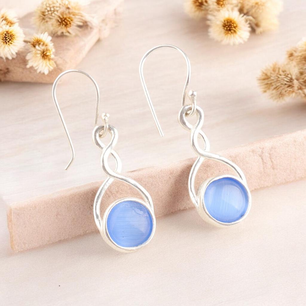 Precious Dark Blue Cat's Eye Gemstone 925 Sterling Silver Women's Earrings 1.68" CE-15-38