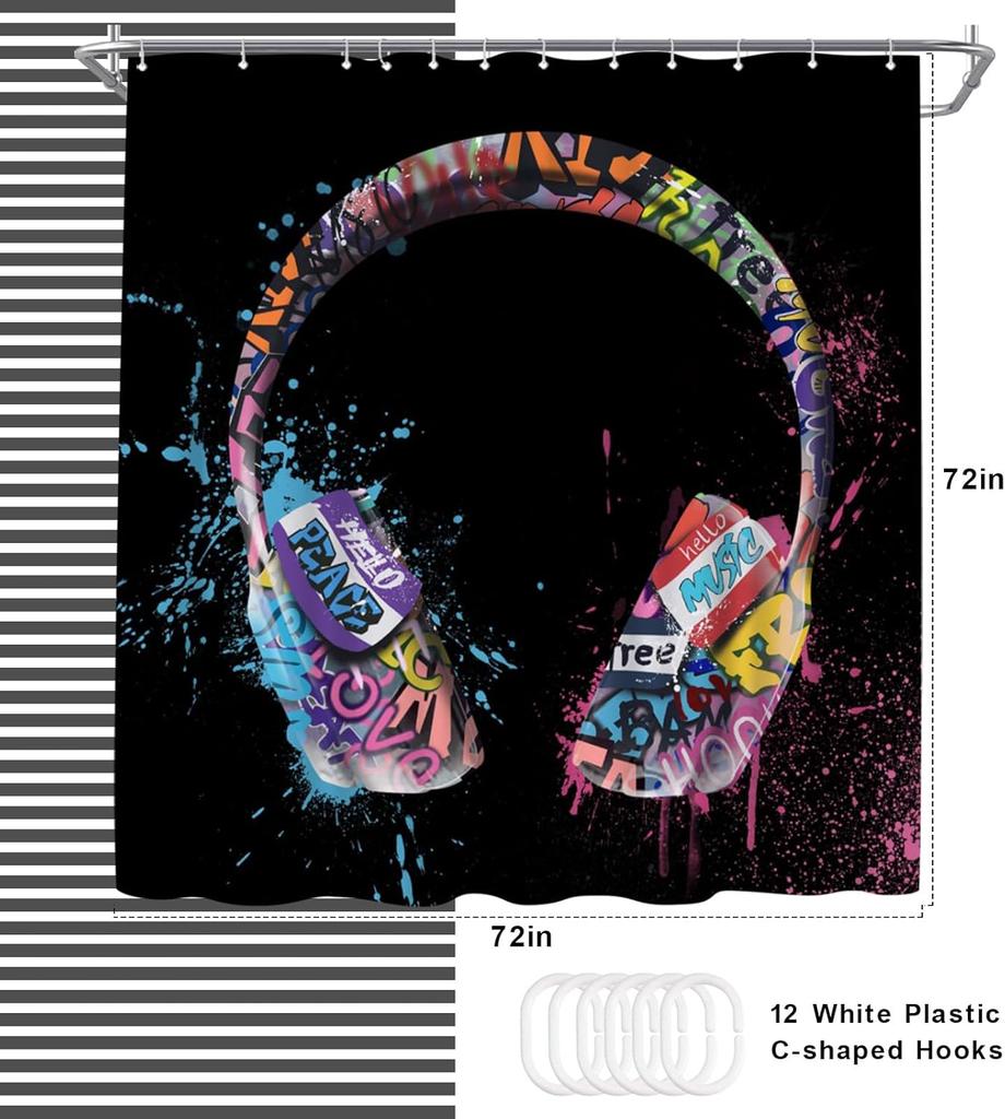 music shower curtain graffiti dj music headphones boy shower curtain 180x 180cm polyester fabric bathroom decoration