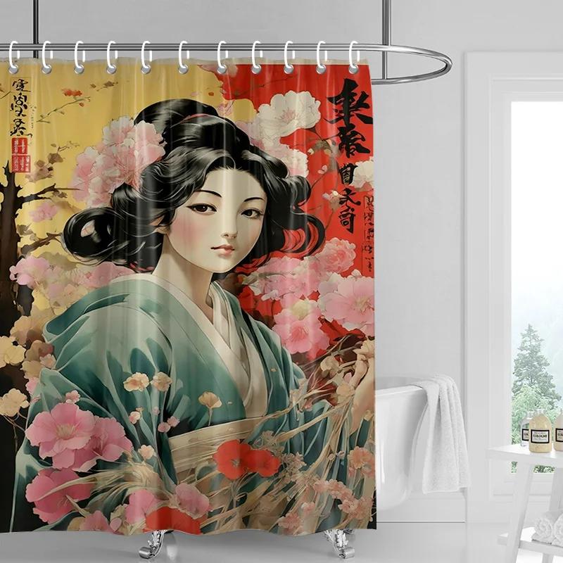 Japanese-style Gogi Retro Character Printed Shower Curtain Fading-resistant Bathroom Partition Curtain for Hotel Home Decoration