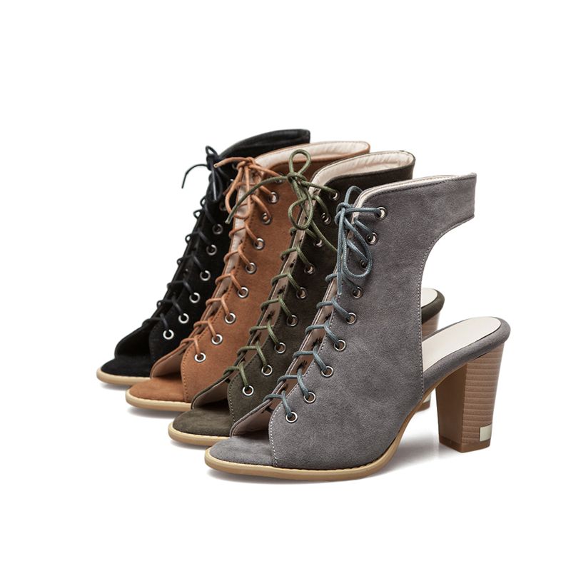 Brand Retro Women Sandals Flock Suede Peep Toe Chunky Heels 5cm Lace Up Big Size 48 49 50 Fashion Dating Female Shoes