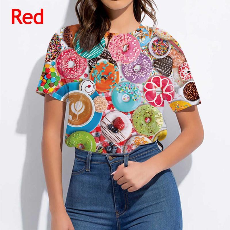 Summer Fashion Women's Casual T-shirt 3D Chocolate Donut Print Food Bread Funny Short Sleeve Short Sleeve Tops