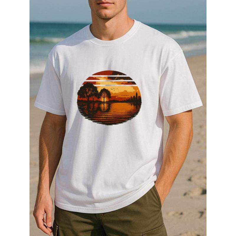 European Sizes City Silhouette Frame Sunset Men's Printed Short-sleeved Shirt, New Trendy Men's Wear, Medium Elasticity Fashionable Style