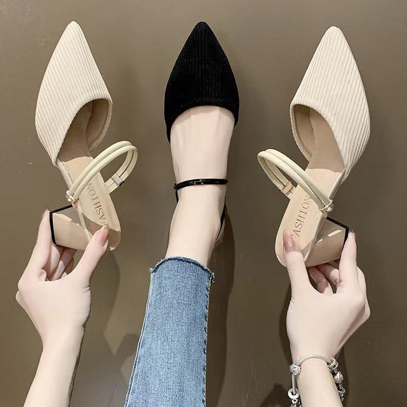 Pointed head bag head medium heel thick heel cool slippers half drag sandals women's summer 20 new cloth outer wear