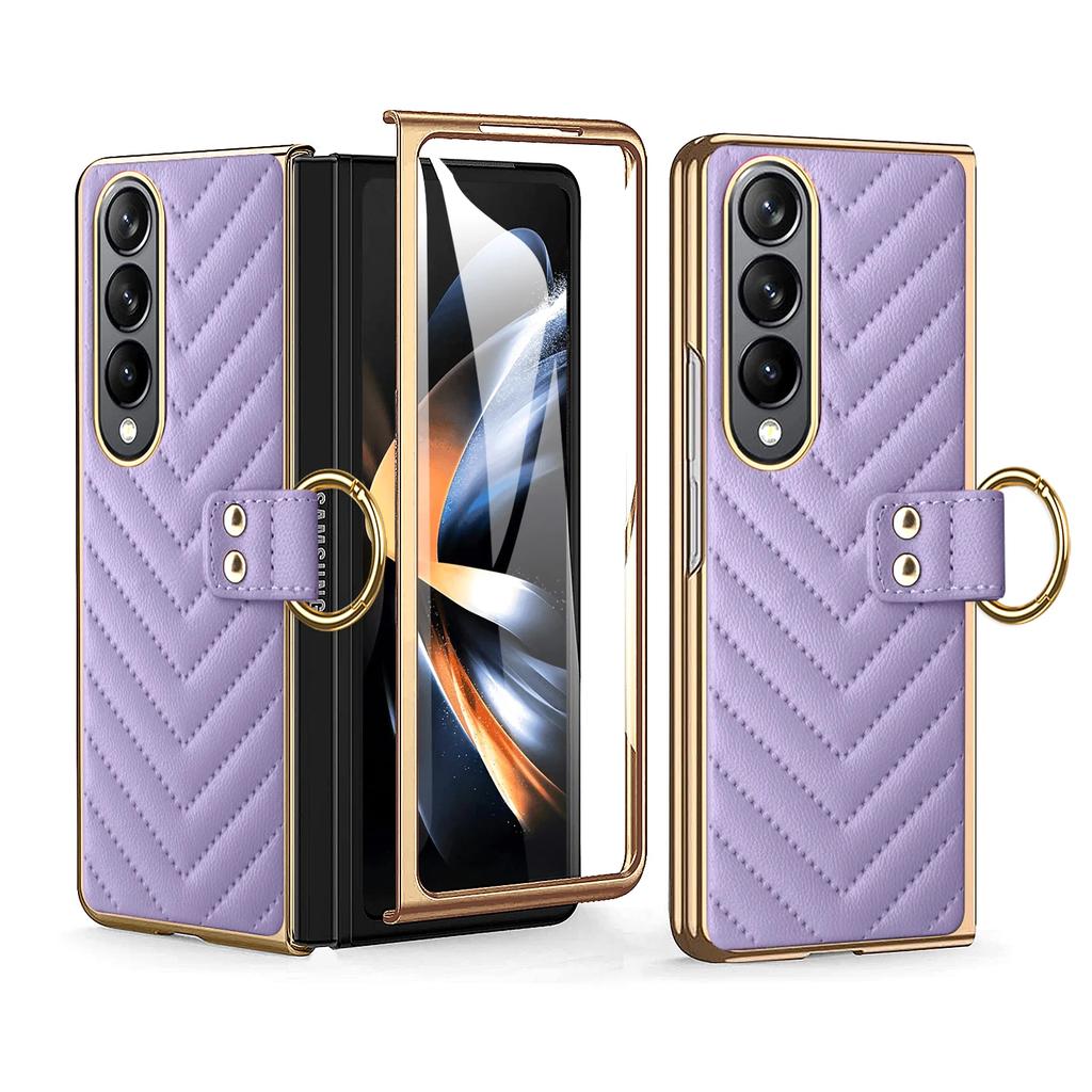 Luxurious Fragrant Ring Support Wireless Charging Phone Case with Glass Front Film for Samsung Galaxy Z Fold 7 6 5 4 3 Cover