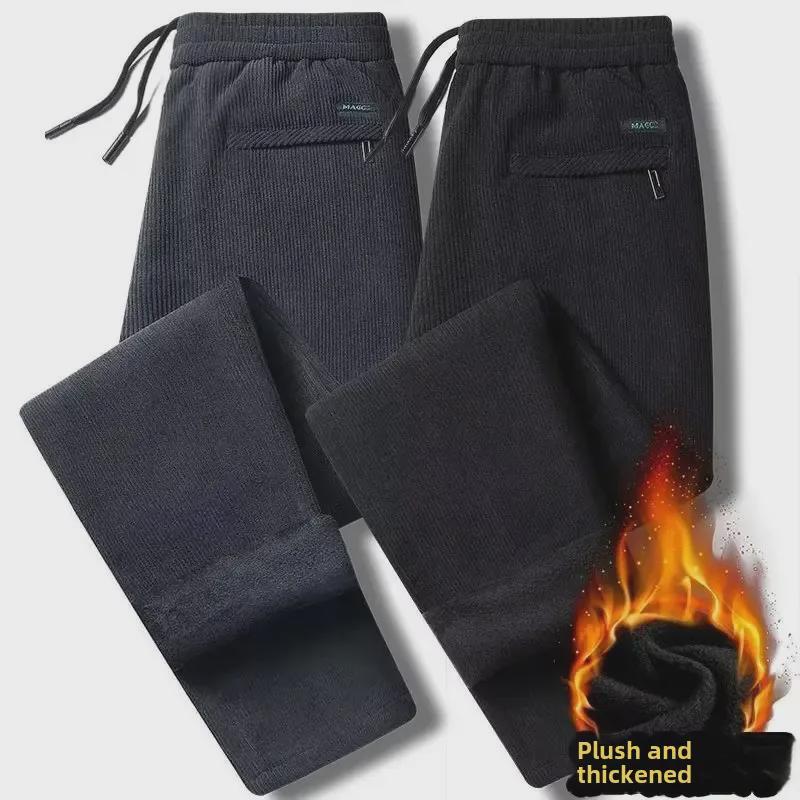 Men's Corduroy Straight Loose Casual Pants with Velvet Lining for Autumn and Winter