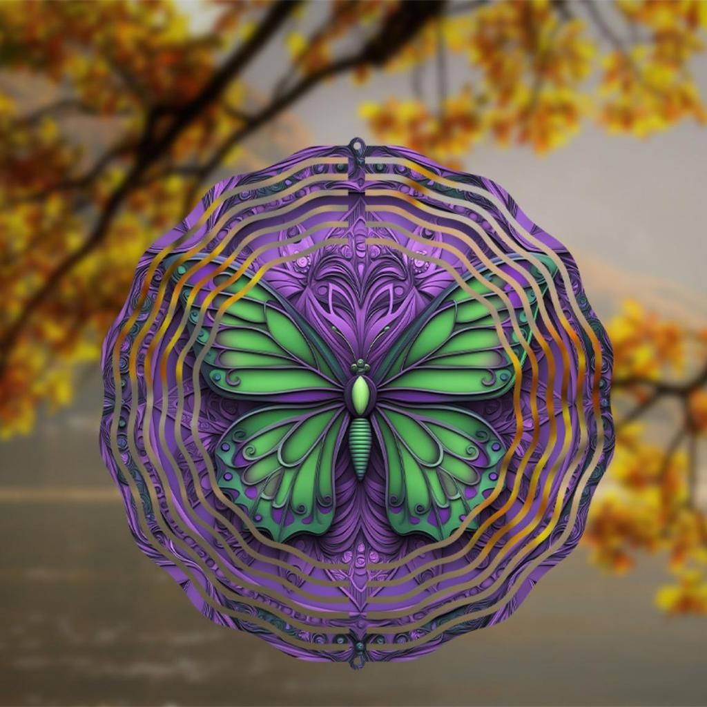 Vibrant 10 Inch Mandala Wind Chime with Swirling Butterflies Purple Green Metal Garden Decor Outdoor Art Gift for Family Friends