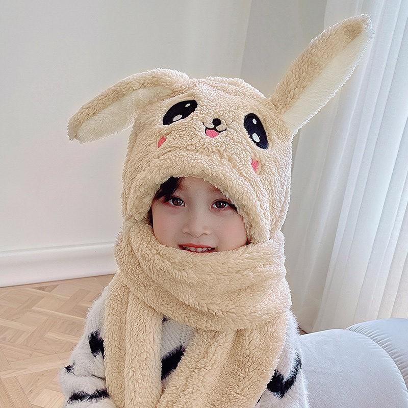 Warm Knitted Rabbit Ear Hat With Scarf Kids Women Winter Outdoor Wear Soft Fleece Lined Adjustable Hooded Beanie
