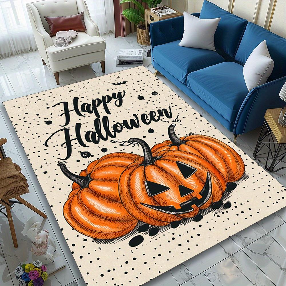 Happy Halloween Pumpkin Area Rug – Festive Orange & Black Design, Easy-Clean Polyester Carpet for Living Room or Bedroom, Durabl