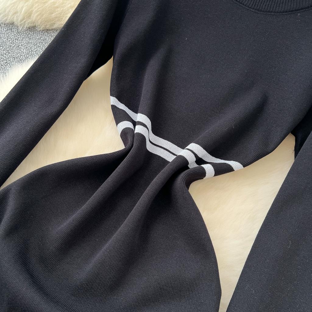 Spring Autumn Women Vintage Hepburn Style Black Full Sleeve Knitted Sweater Slim Fishtail Dresses