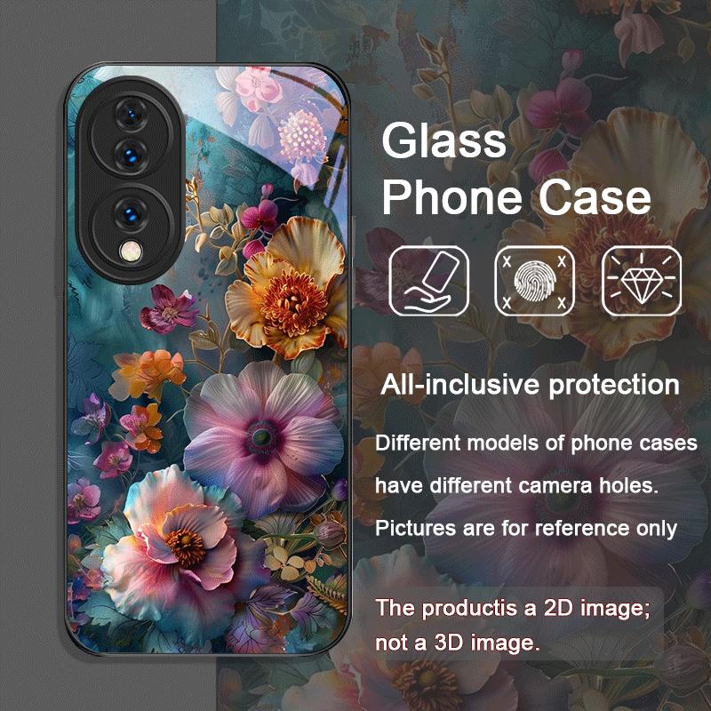 Elegant Floral Vintage Flower Pattern Tempered Glass Phone Case for Huawei Honor 200 Lite 100 Pro 90 80 GT Magic 7 6 X8 X9 Cover