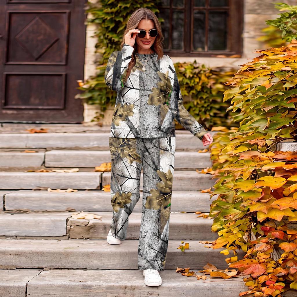 Women's Color Casual Round Neck Loose Fit Sweatshirt and Pants Set