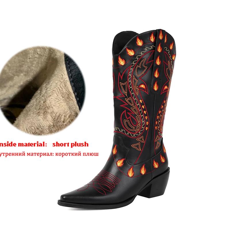 Krazing Po Polyurethane Winter Pointed Toe Western Boots Size 43 Sewing Embroidery Thick Heels Mid-calf Boots
