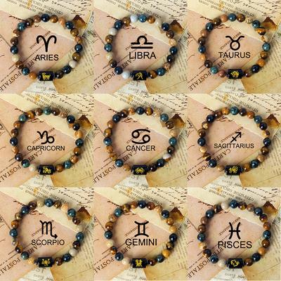 12 Constellation Zodiac Signs Bracelet Men Women Natural Tiger Eye Stone Beaded Couples Bracelets Scorpio Birthday Beads Jewelry