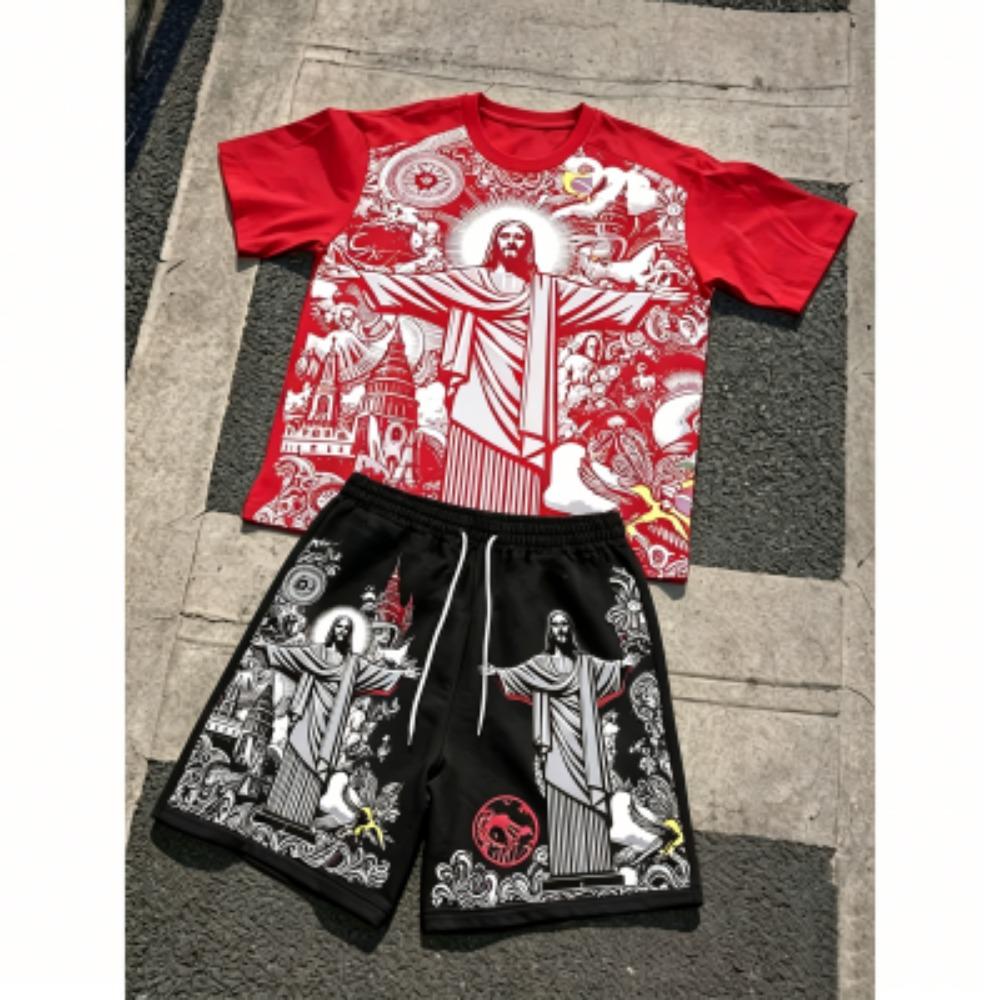 Europe and America Fashion JESUS Printing Outdoor Street Men's T-shirt and Shorts 2 Piece Set Summer Casual Outfit Men's and Women's Sports Set