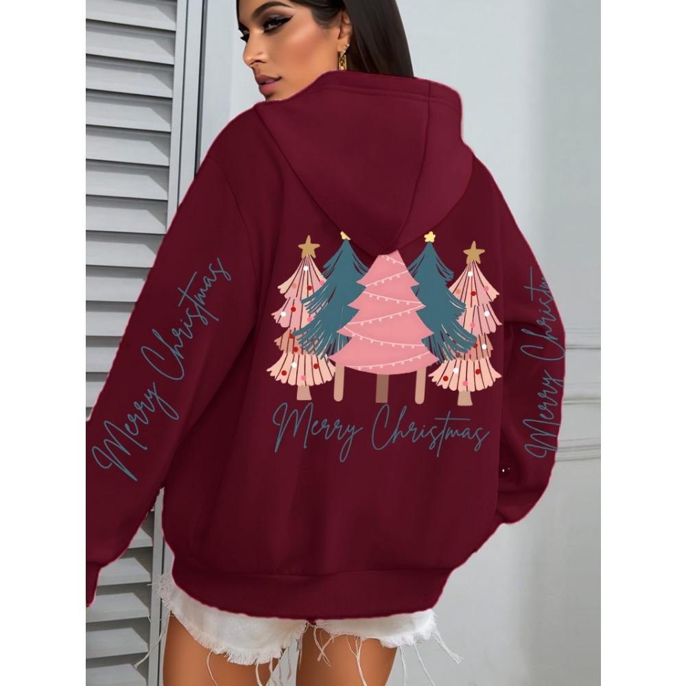 Merry Christmas Beautiful Trees Printing Women Hoodies Loose Hoody All-Match Y2K Pocket Clothing Autumn Casual Streetwear