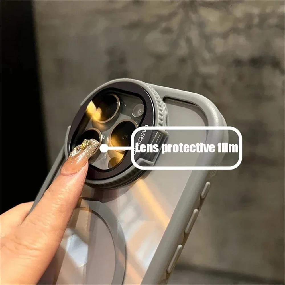 Camera Lens Protection Flip Bracket Stand For Magsafe Magnetic Case for iPhone 16 11 12 13 14 15 Pro Max Plus Transparent Cover