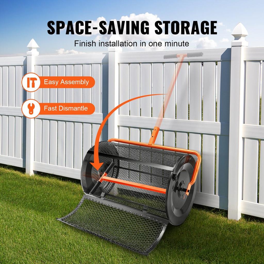 Compost Spreader, 24.4-25.6" Height Adjustable Handle, 24" Wide, Lawn and Garden Peat Moss Roller with Side Latches, Powder Coated Steel Mesh Basket