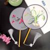 Round Double Sided Embroidery Fan Chinese Style Wooden Handle Embroidery Round Fan with Pendant Handheld Flower Silk Fan