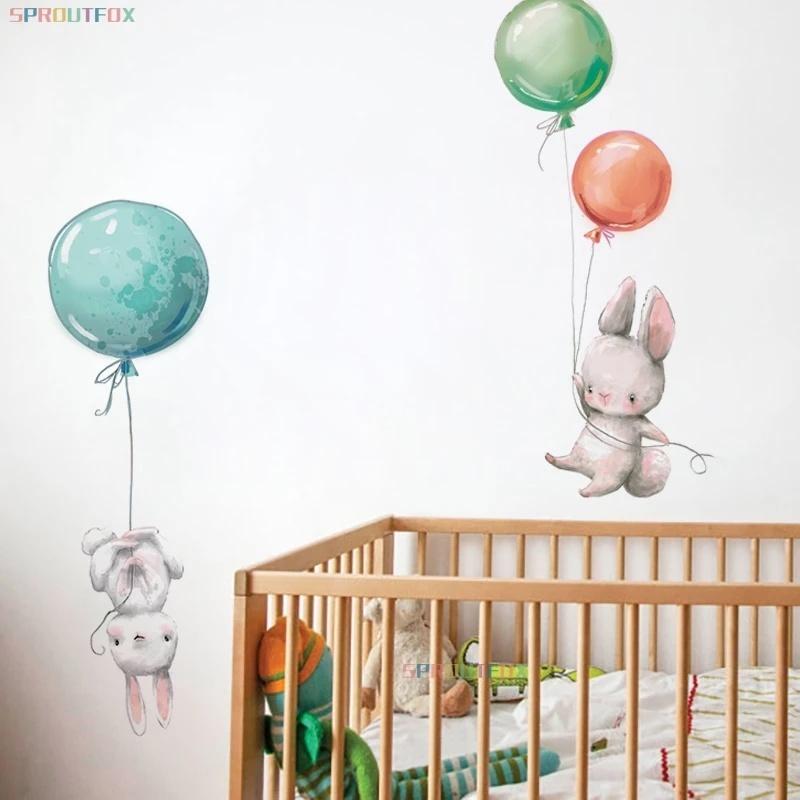 New Colorful Balloon Rabbits Bedroom Wall Stickers for Kids Room Decoration Grey Bunny Wall Stickers for Children Nursery Wall Decal