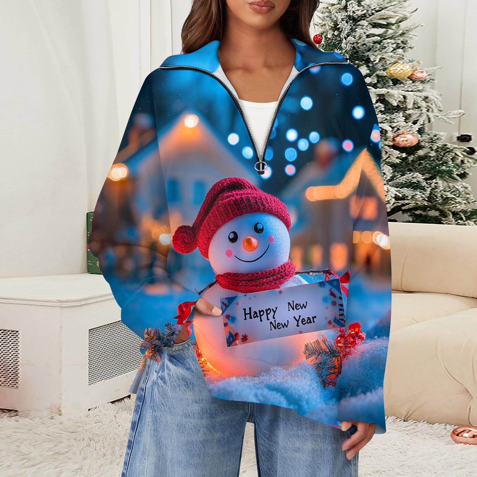 

Женский повседневный свитер с отворотом на молнии и рождественским принтом, с разрезом сверху и сбоку, модная одежда L