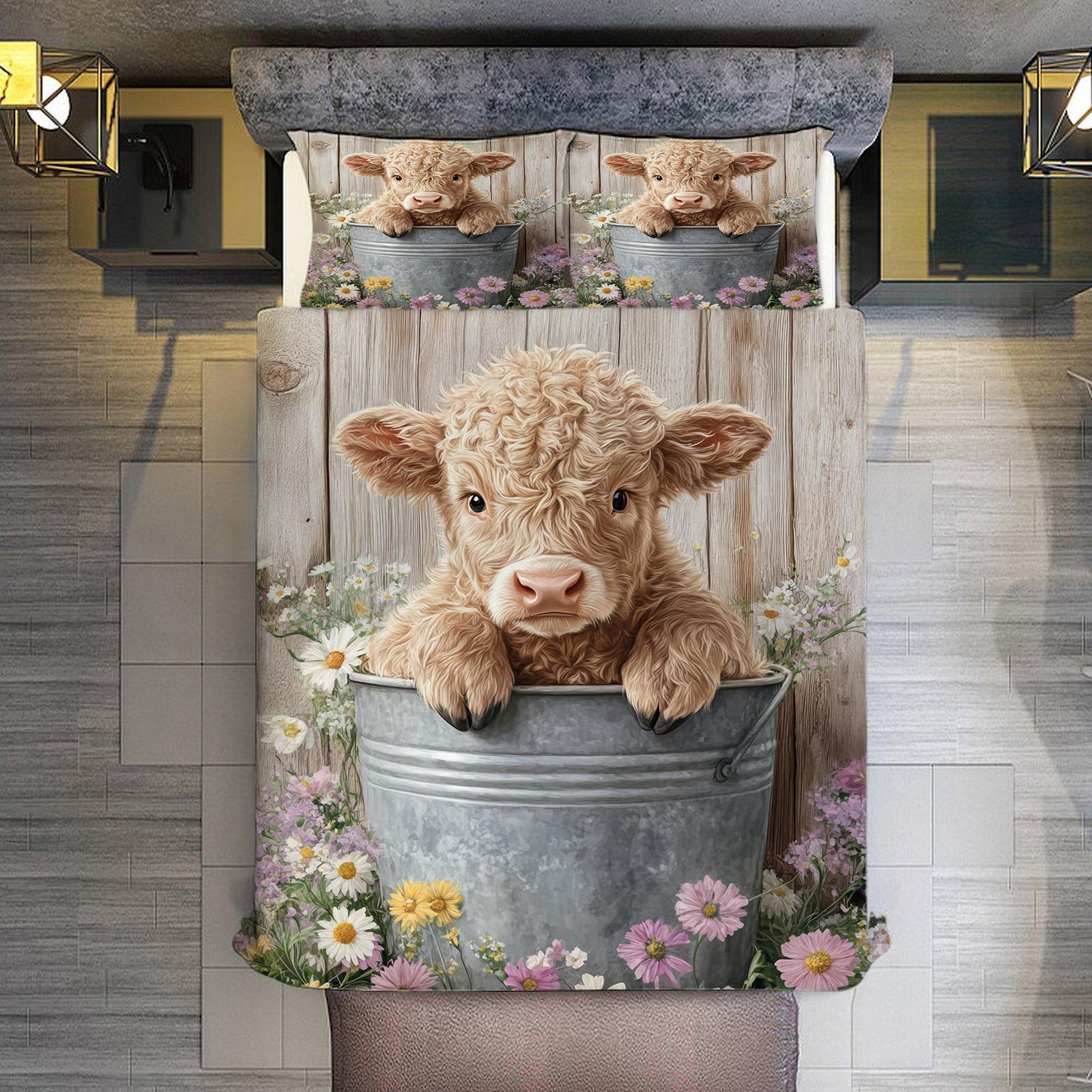 

25 Bedding Cute Cow Flower Field 3D Digital Printing Flower And Calf Pattern Three-Piece Set 70 * 133cm (and 75cm * 50cm)