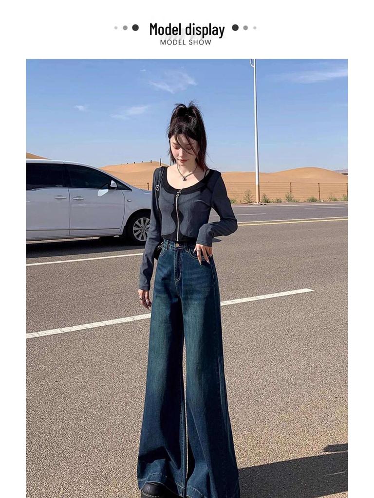Women's High Waist Black Flared Jeans with Velvet, Wide-Leg, Floor-Length, Perfect for Spring and Autumn