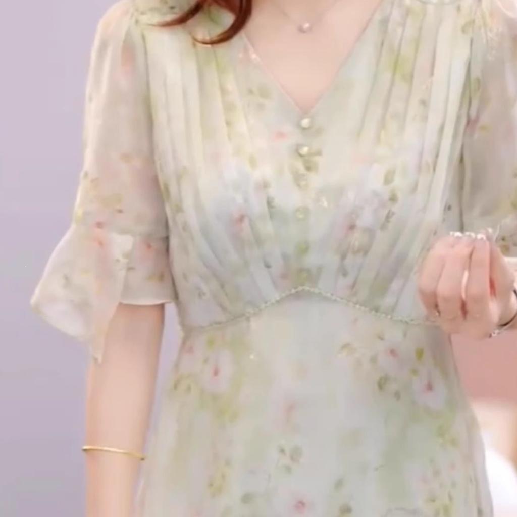 Light Feather Silk Floral Chiffon Dress Covering Meat 2026 Summer New Fashion Loose and Thin Temperament Over the Knee Skirt