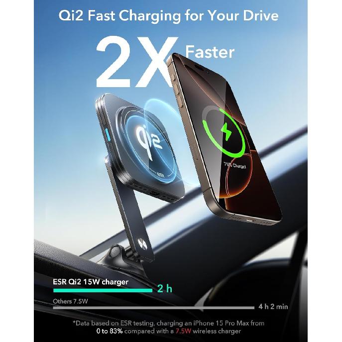 ESR for Qi2 15W MagSafe Car Mount Charger, Qi2-Certified Universal Dashboard/Tesla MagSafe Car Charger, Magnetic Wireless Charging, Adjustable Car