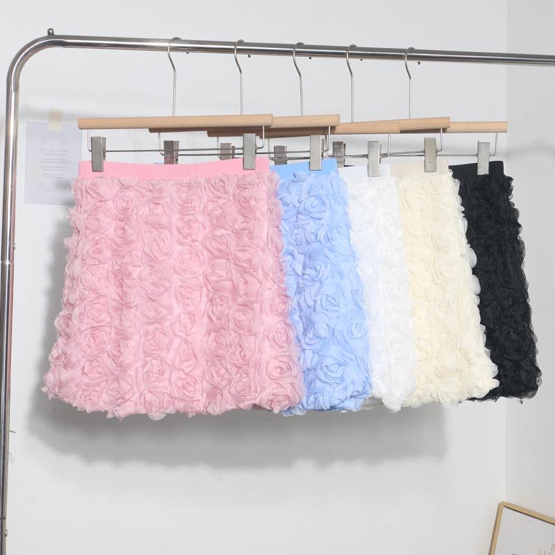 3D Rose Midi Tulle Skirt - Fluffy, Elastic High Waist, Slimming, Versatile A-line for Women