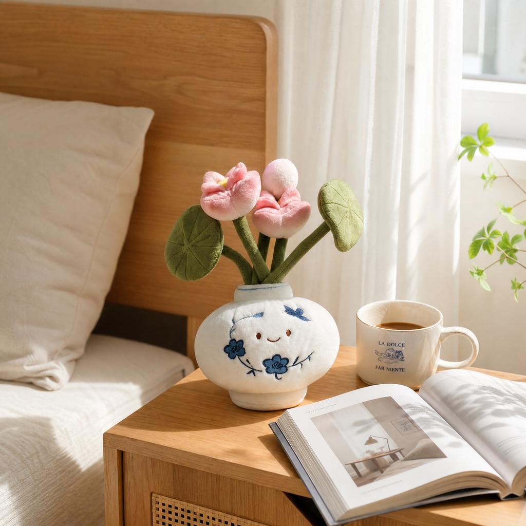 Blue and Porcelain Plush Toy with Removable Flower Bouquet