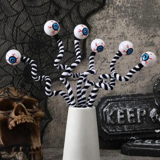 Halloween Eyeball Picks 15 Inch Fake Eyeball Floral Picks Realistic Scary Black And White Striped Plush Branches Decor Party Supplies