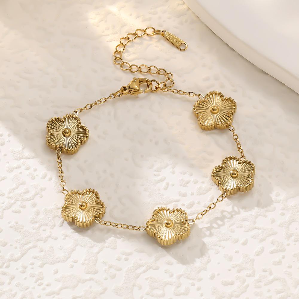 Versatile Trendy Set: Five-Petal Flower & Four-Leaf Clover Jewelry in Laser-Cut Titanium Steel