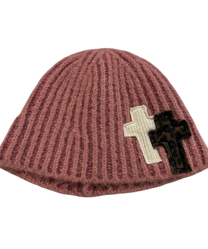 SK8ER ROCK Tone On Tone Cross Beanie ((Pink))