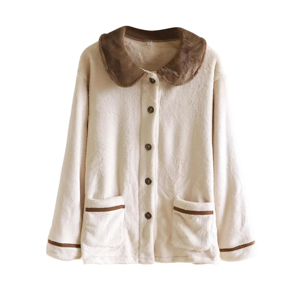 Women's Color Blocked Fashionable Long Sleeved Pocket Cardigan Flannel Warm Sleepwear Jacket
